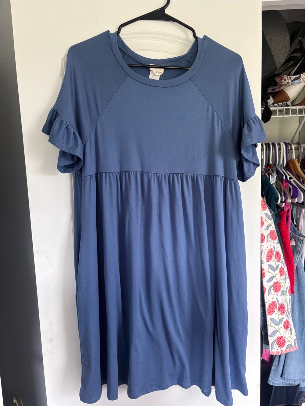 Relaxed Ruffle Sleeve Tunic in Dusty Blue